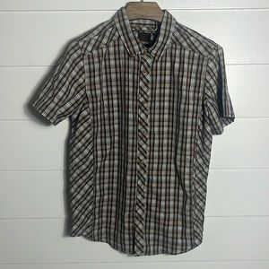 PrAna Mens XL Short Sleeve Snap Button Shirt Brown Organic cotton Poly Blend